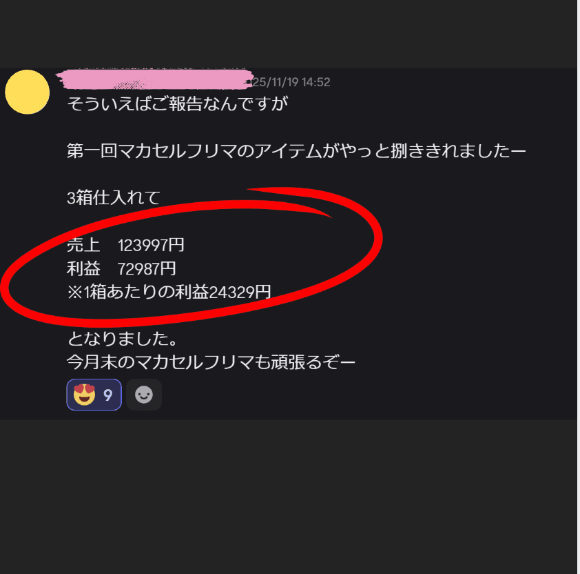 受講生の報告。3箱仕入れて売上123,997円・利益72,987円、1箱あたりの利益24,329円